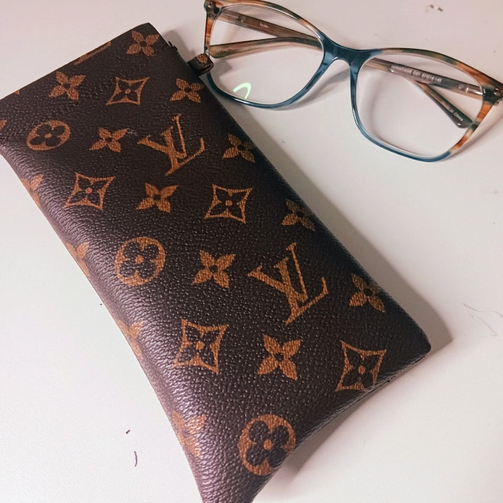 Logo Eyeglass Pouch with Flex Clasp Closure – Protective Sunglasses & Glasses Case (Brown or White)