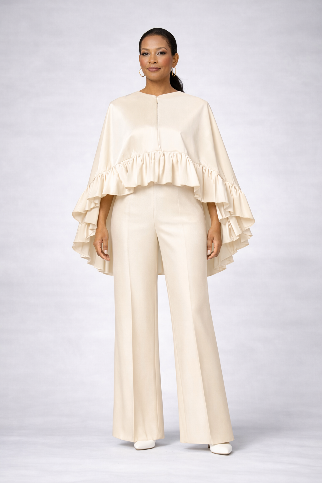 Elegant Cream 2-Piece Cape & Wide-Leg Pant Set – Silk Stretch Taffeta, Made to Order