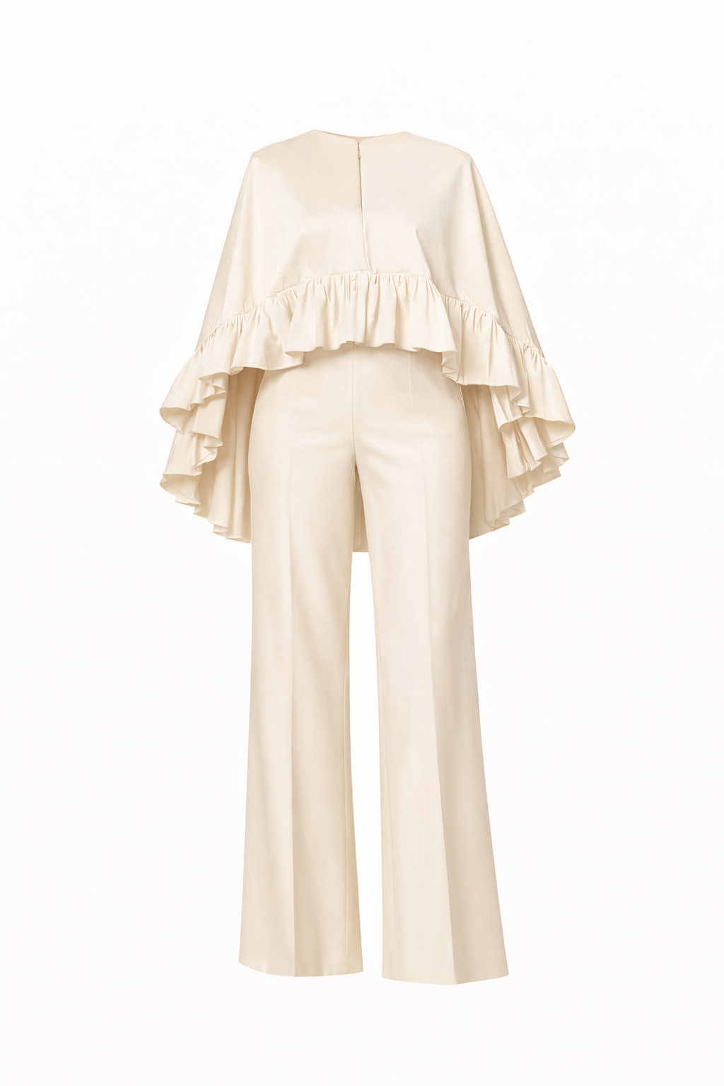 Back view of elegant cream two-piece cape and wide-leg pant set featuring layered ruffle detailing, crafted from silk stretch taffeta.