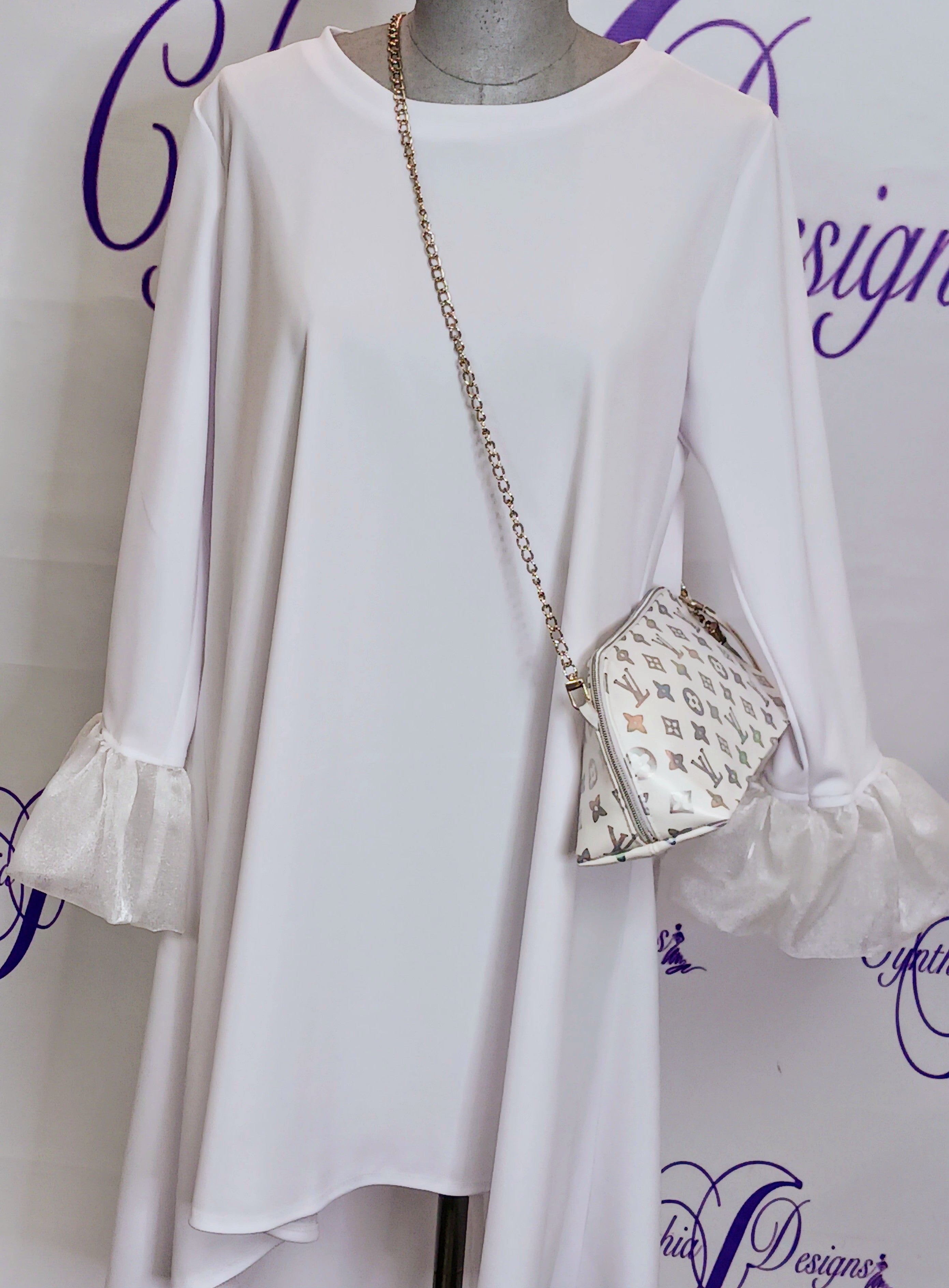 Chic White Hi-Low Ponte Dress with Organza Cuffs