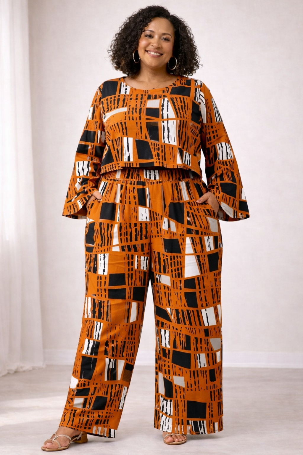 African Print Two-Piece Set – Cotton Jumpsuit & Long-Sleeve Crop Top (Pre-Order)
