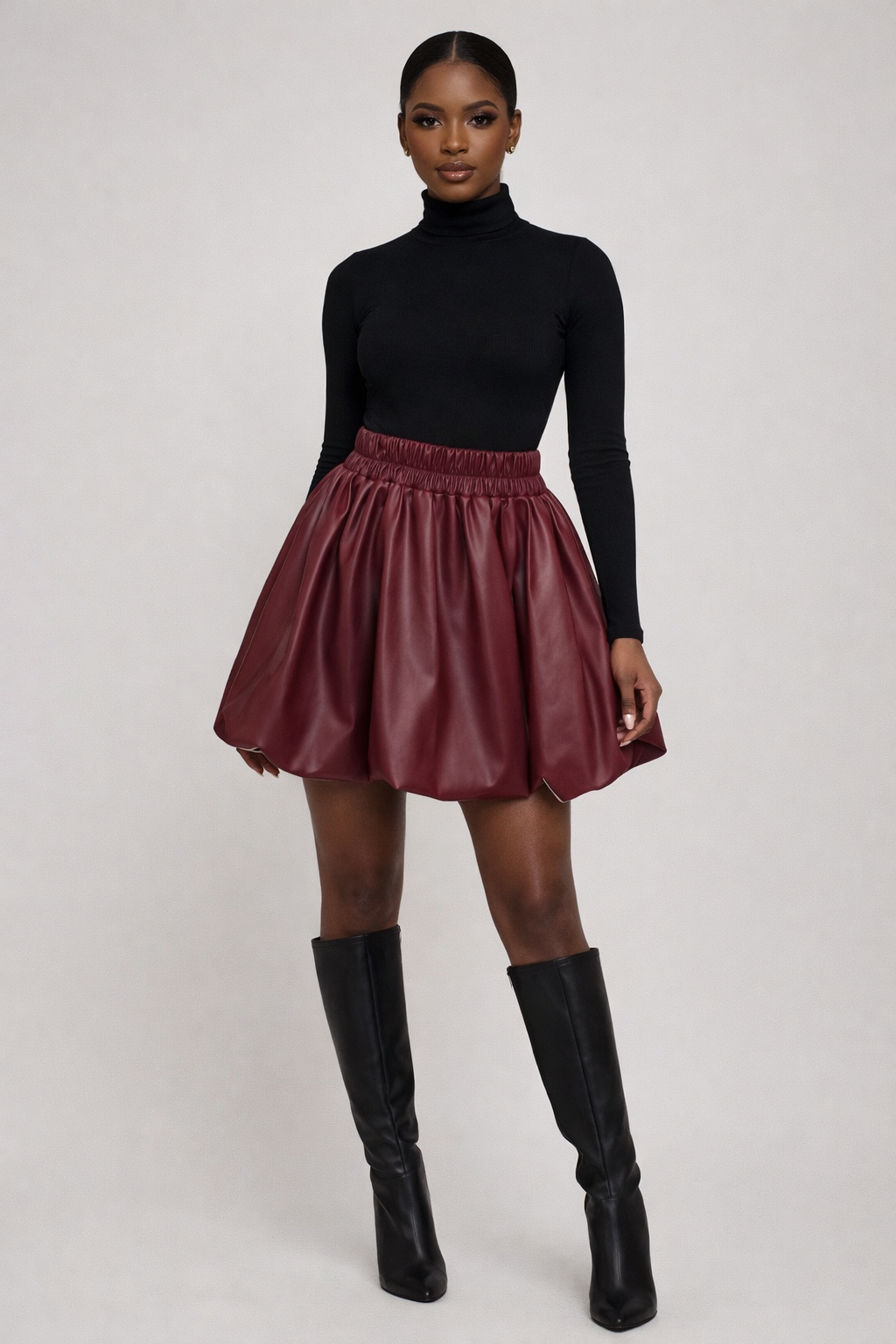 Wine Faux Leather Bubble Skirt – Elastic Waist | Fully Lined | Small/Medium (Final Sale)
