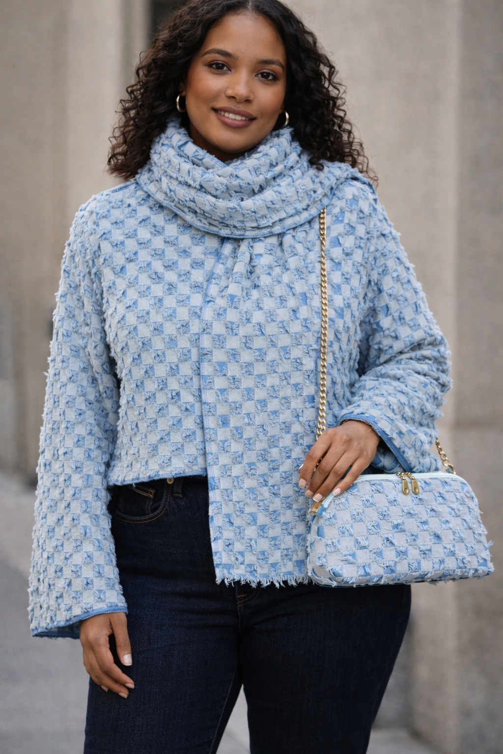 Distressed Denim Three-Piece Bundle – Crop Top, Scarf & Matching Bag