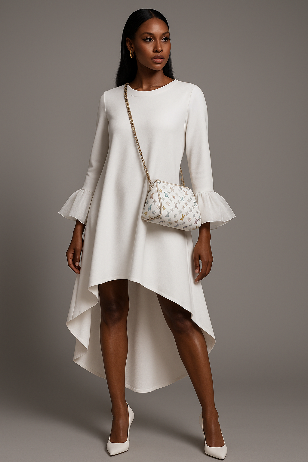 Chic White Hi-Low Ponte Dress with Organza Cuffs