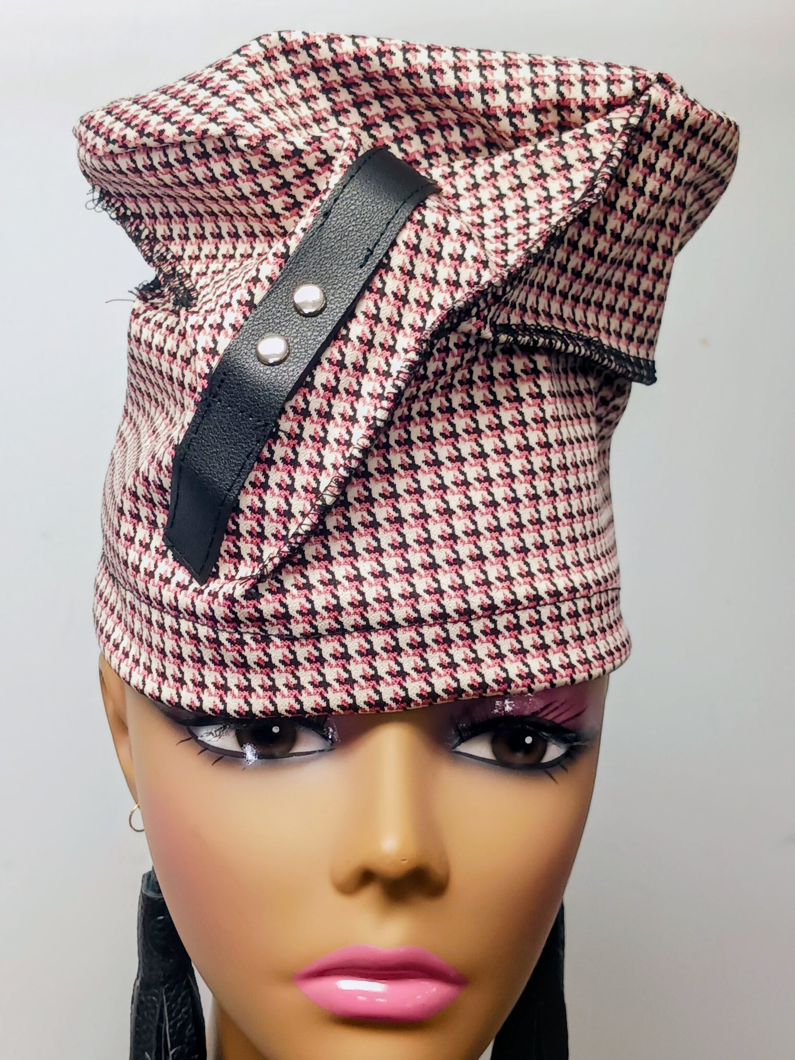 Baby Houndstooth Flop Hat – Black, Mauve & Cream | Leather Stud Detail | Size 22 (Final Sale)