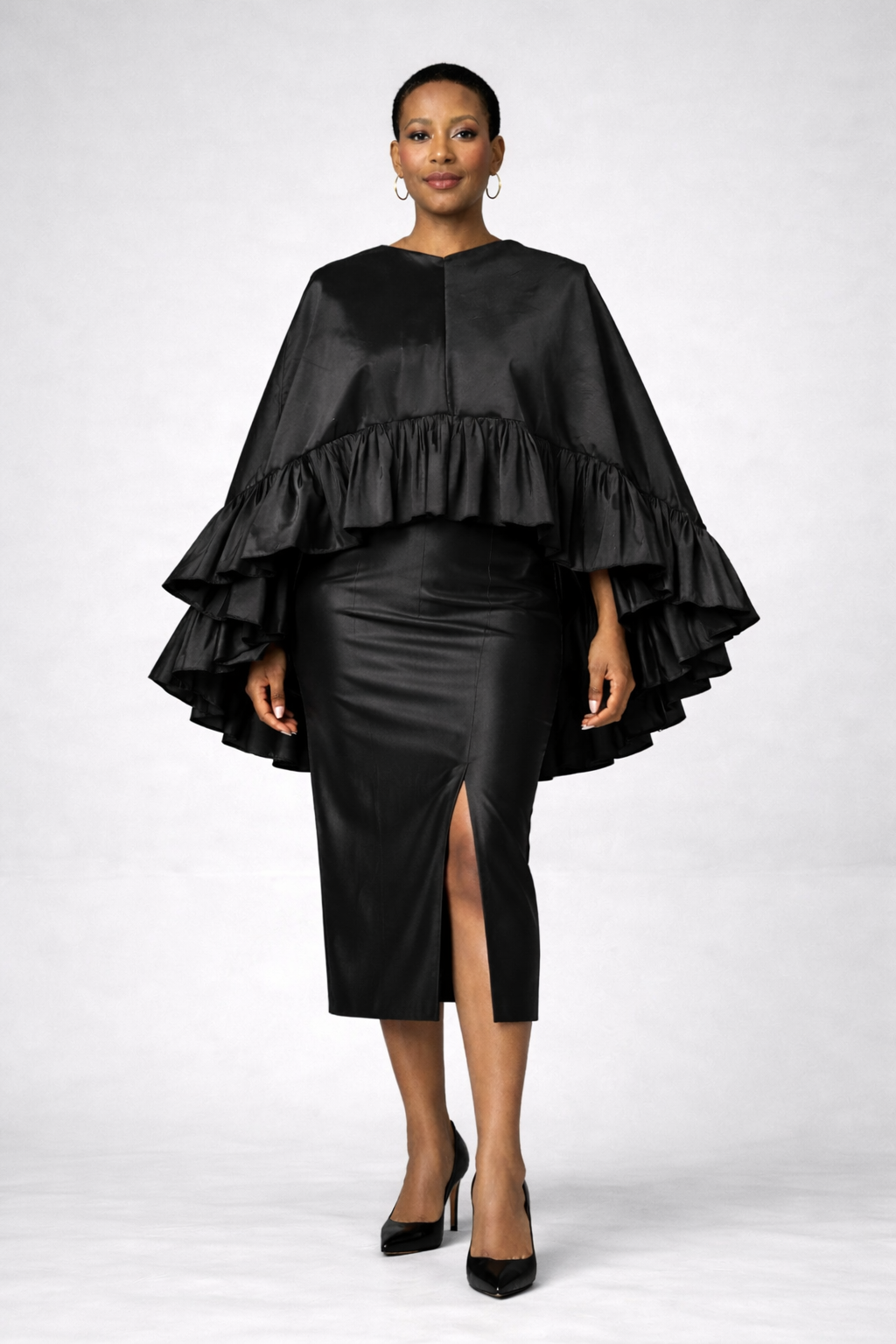 Silk Taffeta Cape & Pencil Skirt Set – Elegant Two-Piece Style (Pre-Order)