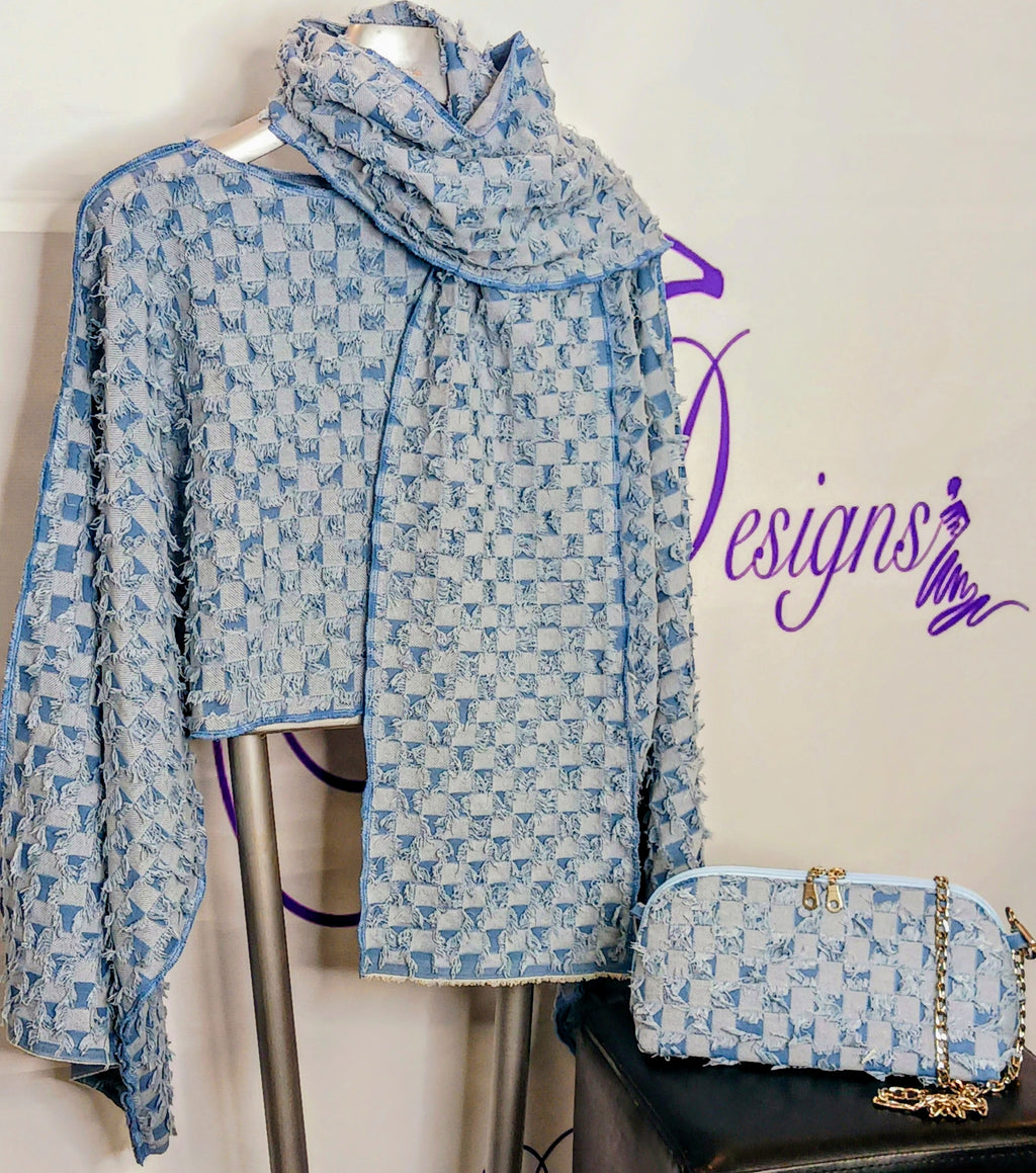 Distressed Denim Three-Piece Bundle – Crop Top, Scarf & Matching Bag